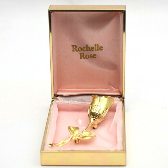 Vintage Rochelle Rose Brooch Gold Tone Rose Bud Flower Pin in Original Box - Picture 2 of 10